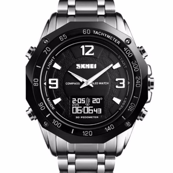 ساعة يد مقاومة للماء، تناظرية/رقمية، 1464 - 48 مم - فضية