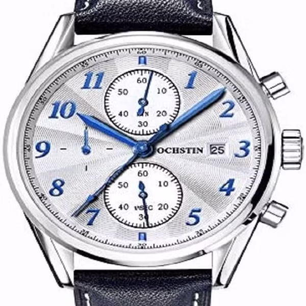 ساعة يد للرجال، كرونوجراف ، جلد ، ازرق