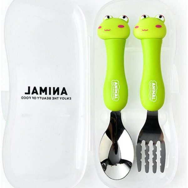 طقم أدوات مائدة فضّي محمول للأطفال من قطعتين، مع ملعقة وشوكة مع حقيبة سفر أخضر 17.5*3*8سم
