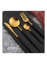 ⁦مجموعة أدوات مائدة من الفولاذ المقاوم للصدأ مكونة من 4 قطع مصقولة بالمرآة وقابلة لإعادة الاستخدام، تتضمن سكينًا وشوكة وملعقة بحجمين⁩ - الصورة ⁦2⁩