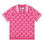 قميص بولو غوتشي الجديد، صوف محبوك بأكمام قصيرة، بشعار G المزدوج، مطبوع بالكامل